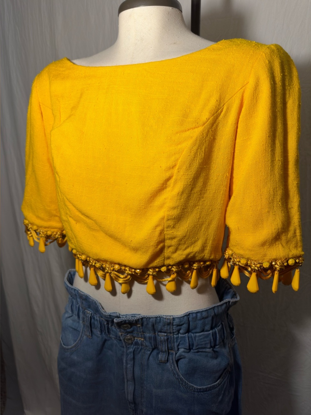 Vintage 90’s Neimette Yellow Boho Crop Top Button Back Tassel Trim Medium